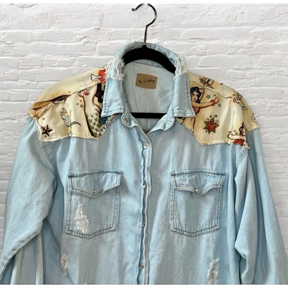 ⭐️ The Nu Vintage Denim Chambray Vintage Pin Up Style Button Down Shirt Jacket L - Picture 6 of 16